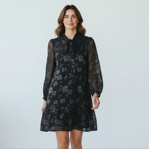 Jack Wills Black Floral Jacquard Tie Neck Sheer Long Sleeve Midi Dress Size US 8